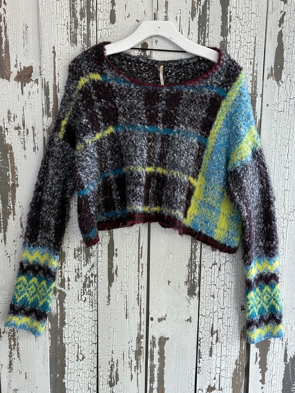 Free People Emerson Plaid Sweater Medium Blue Green Black Excellent Condition - Picture 2 of 5